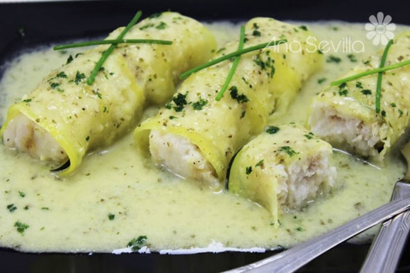 Canelones de calabacín y merluza