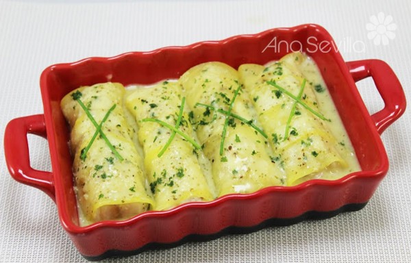 Canelones de calabacín y merluza fuente